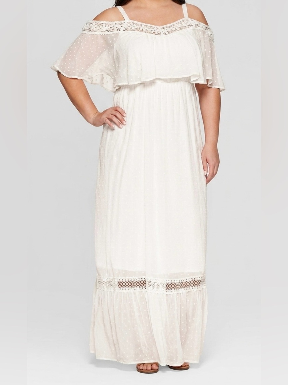 Ashley Nell Tipton Boho Wedding Dress Plus Size 1X White Cold Shoulder Maxi